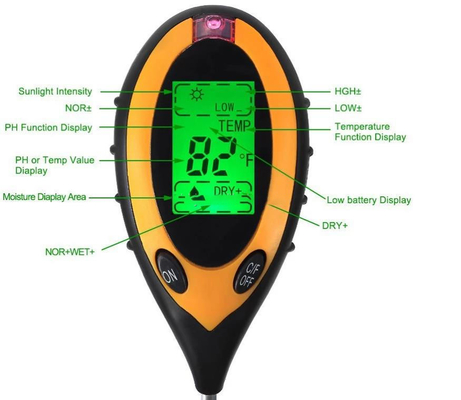 LCD-Display Digital 4 in 1 Boden-PH-Meter mit Temperatur-Feuchtigkeit-Sonnenlicht-Tester