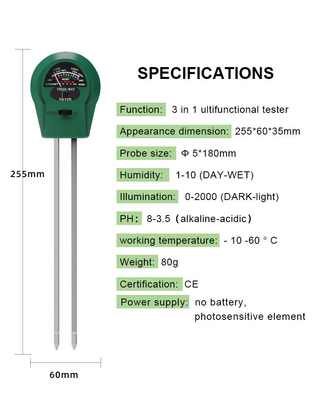 Edelstahlröhrchenprobe 3 in 1 Feuchtigkeits/Licht/Ph-Tester für Pflanzen/Rasen/Bauernhof/Garten