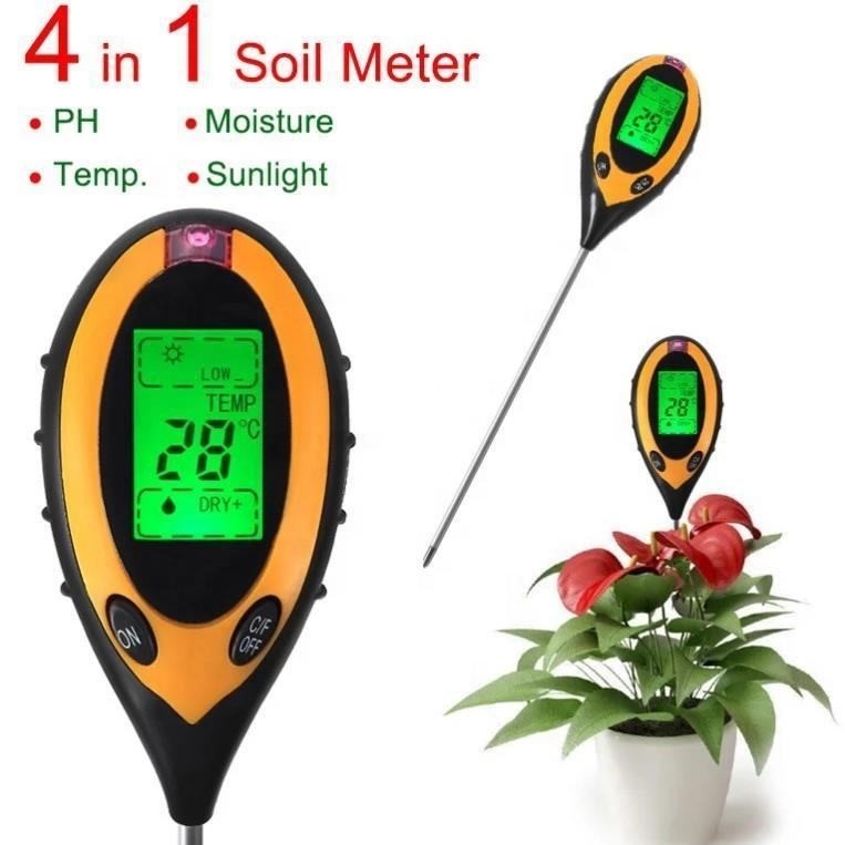 LCD-Display Digital 4 in 1 Boden-PH-Meter mit Temperatur-Feuchtigkeit-Sonnenlicht-Tester